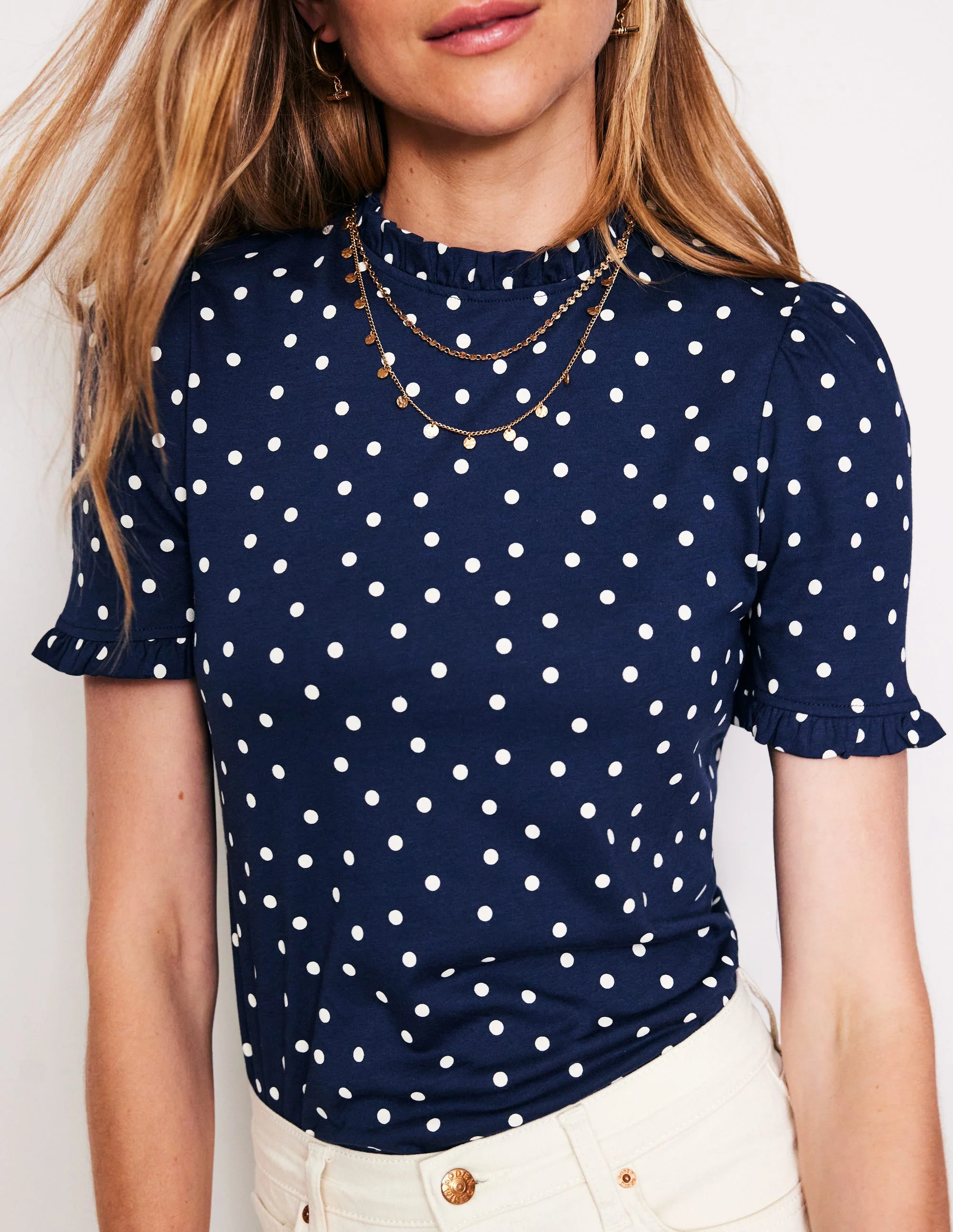 Supersoft Frill Detail T-shirt-Navy, Sparse Spot - Image 2