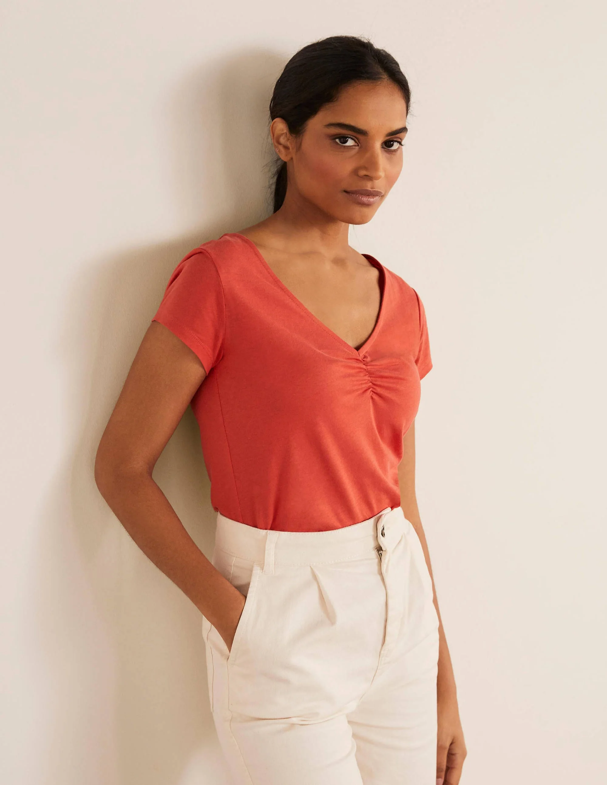Supersoft Ruched V-Neck Top-Cherry Red - Image 2