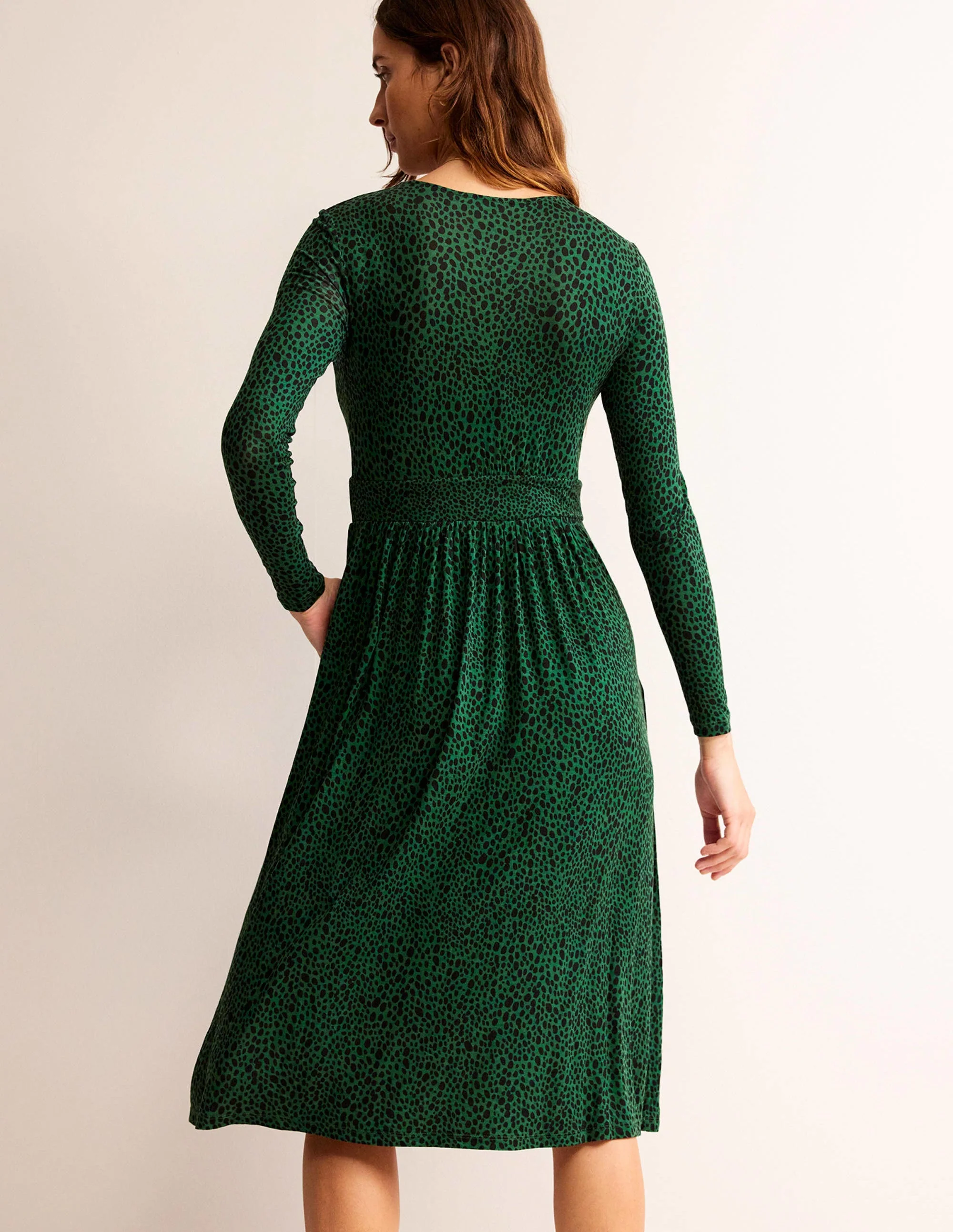 Thea Long Sleeve Midi Dress-Amazon Green, Animal Spot - Image 3
