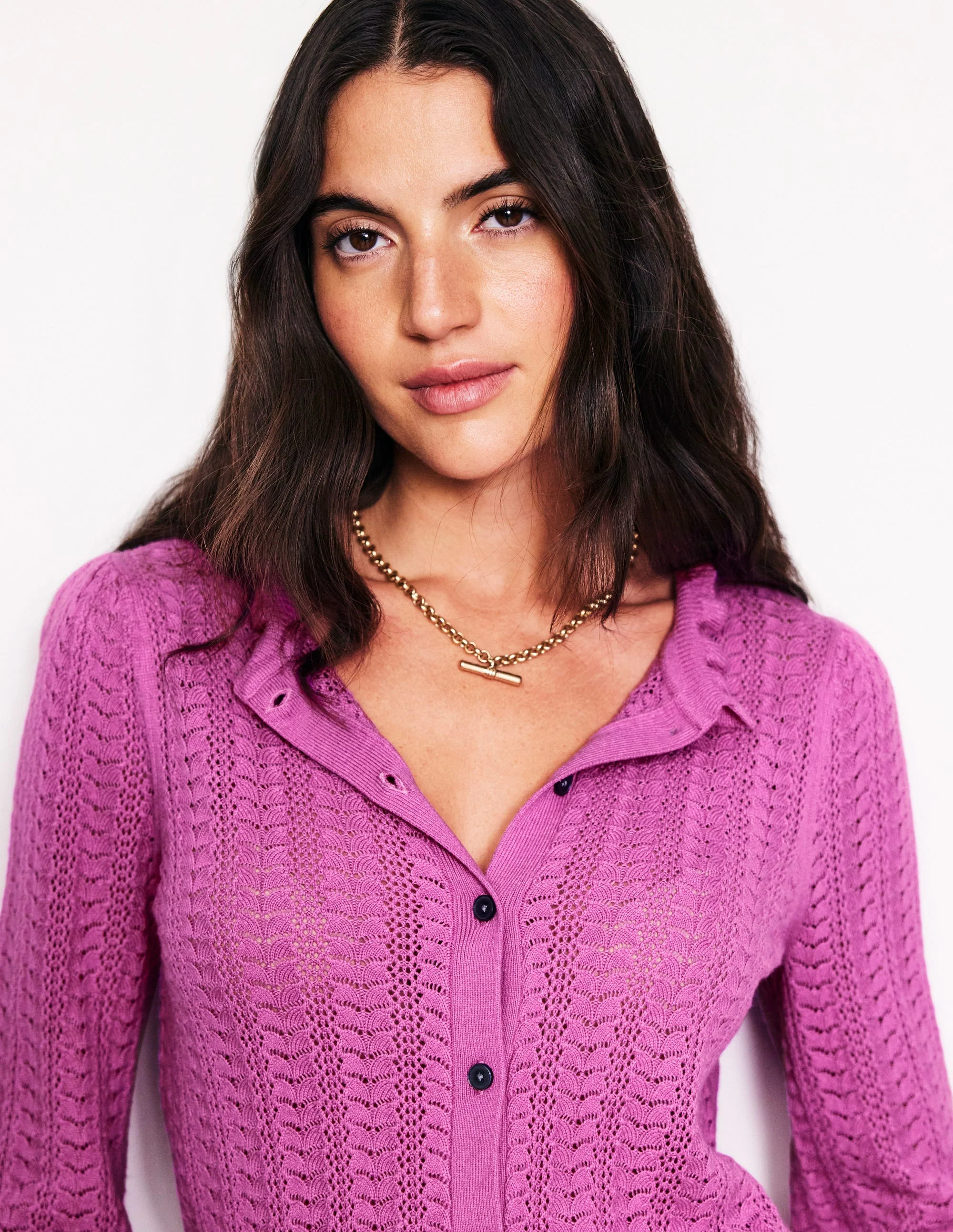 Tia Pointelle Frilled Cardigan-Foxglove Purple - Image 2