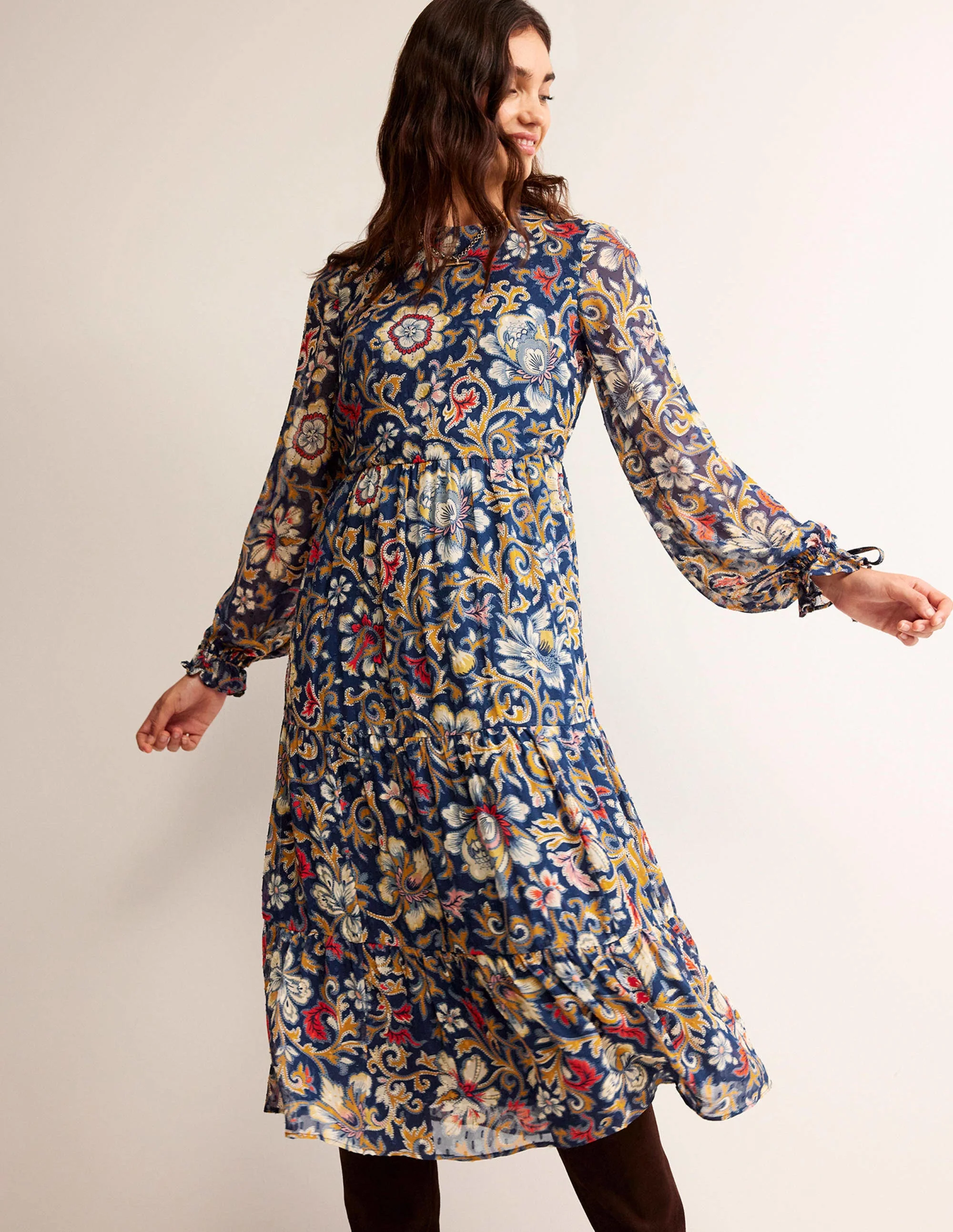 Tie Detail Tiered Midaxi Dress-Multi, Botanical Lawn - Image 4