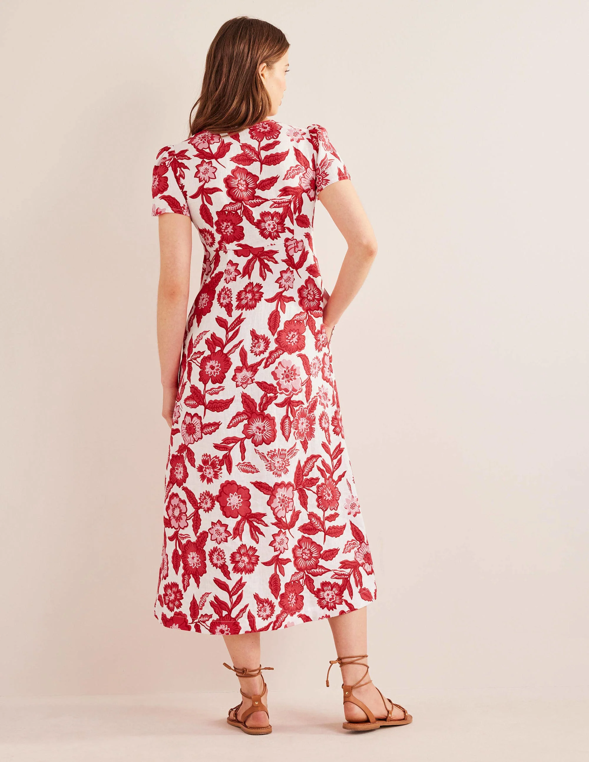 Tie Front Linen Midi Dress-Pop Peony, Pansy Bloom - Image 3