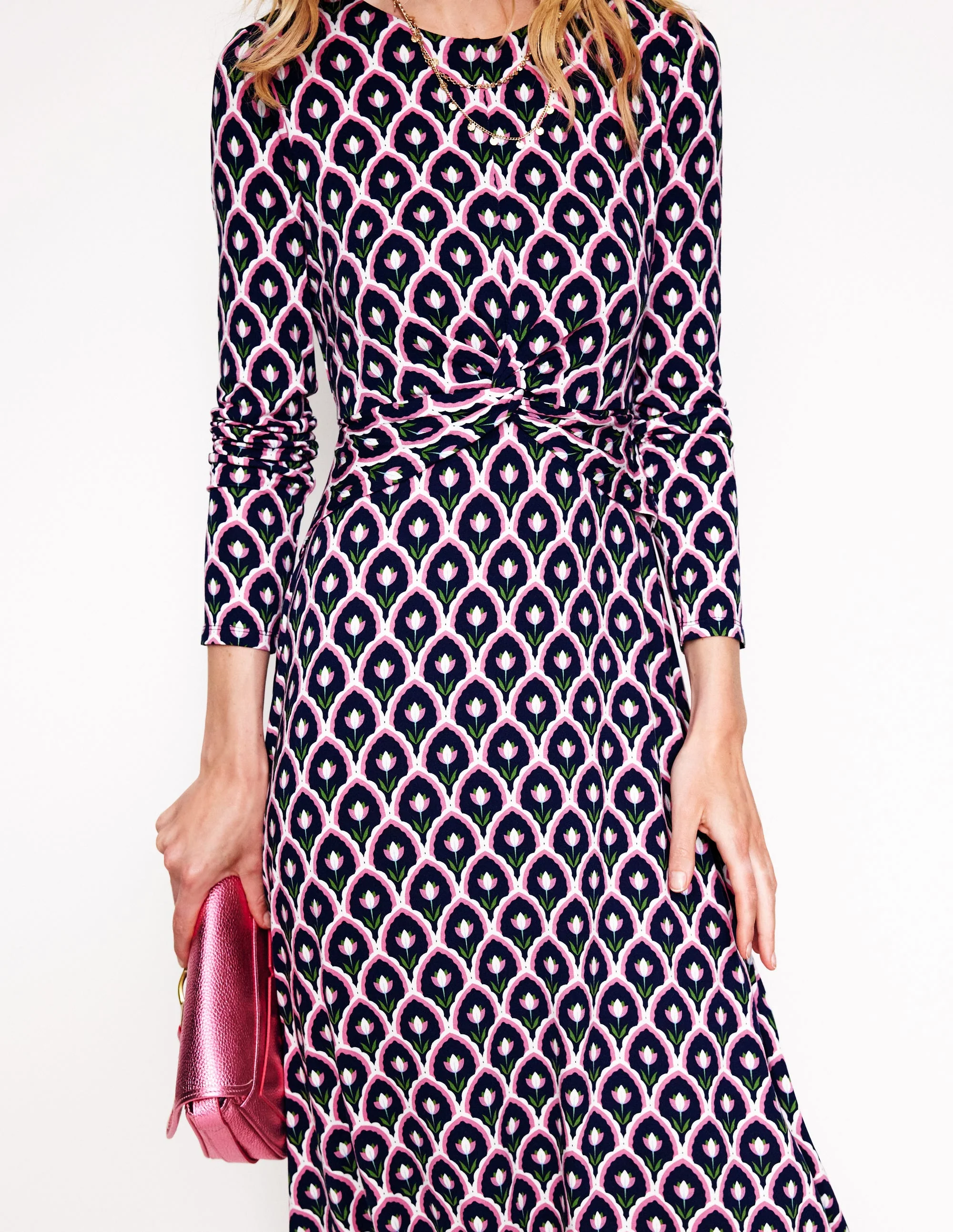 Twisted Waist Jersey Dress-Navy, Tulip Scallop - Image 2