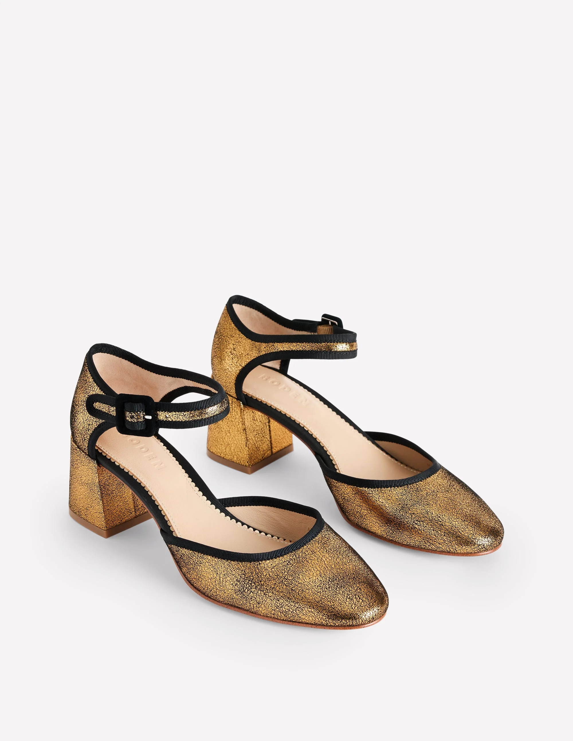 Two Part Block Heel Pumps-Gold Metallic Leather - Image 3