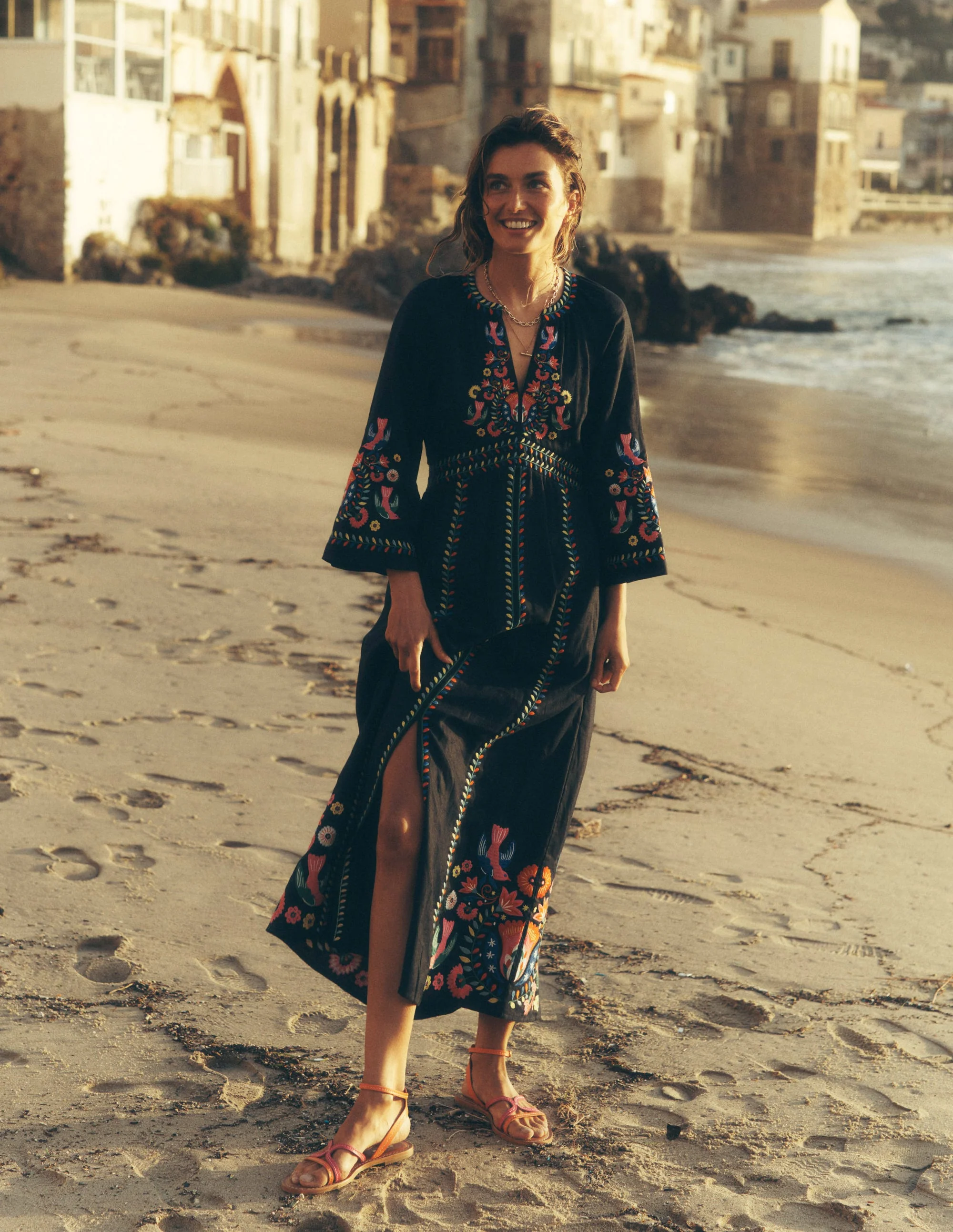 Una Linen Midi Dress-Navy, Multi Embroidery - Image 6