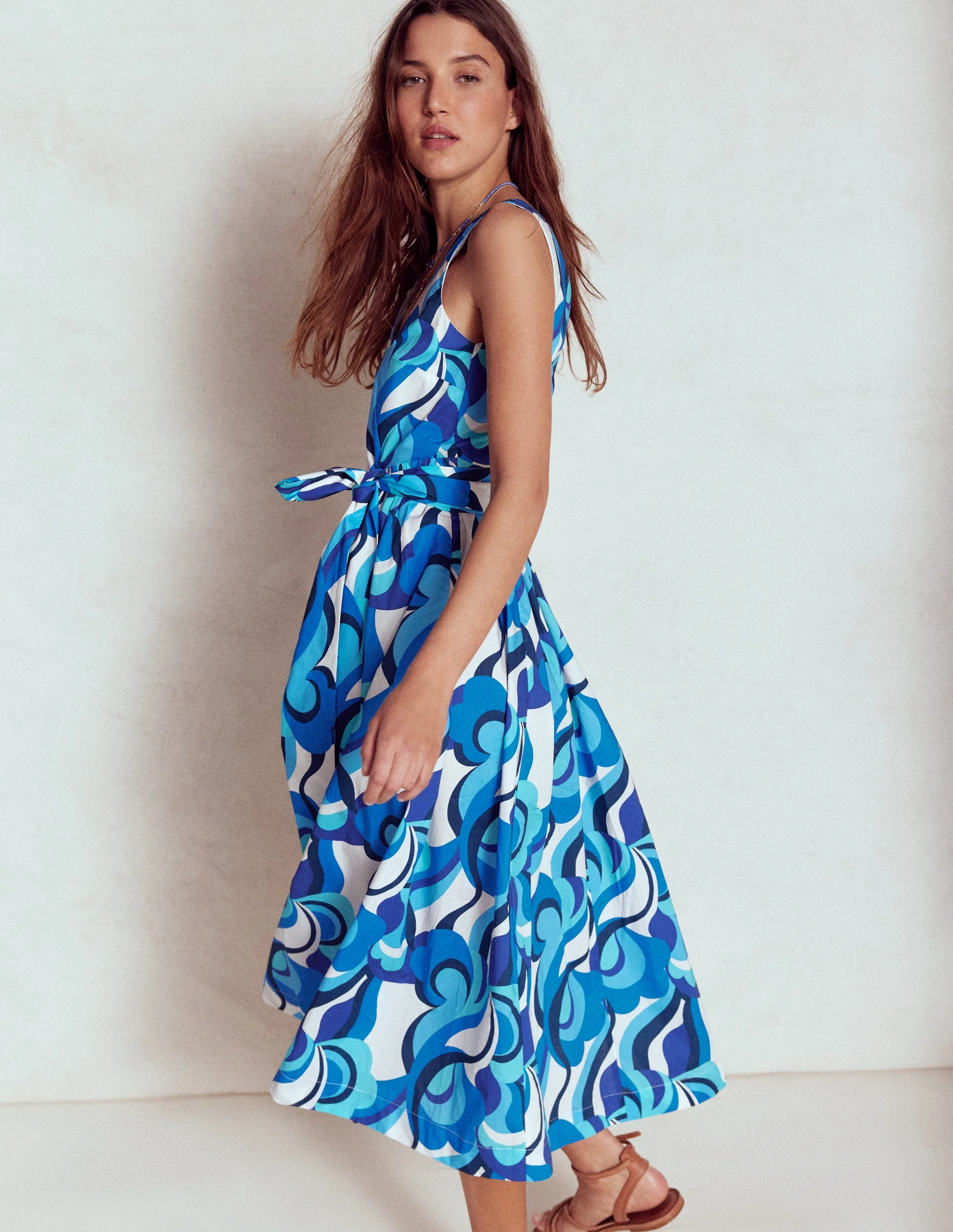 V-Neck Belted Flare Dress-Blue, Abstract Swirl - Image 3
