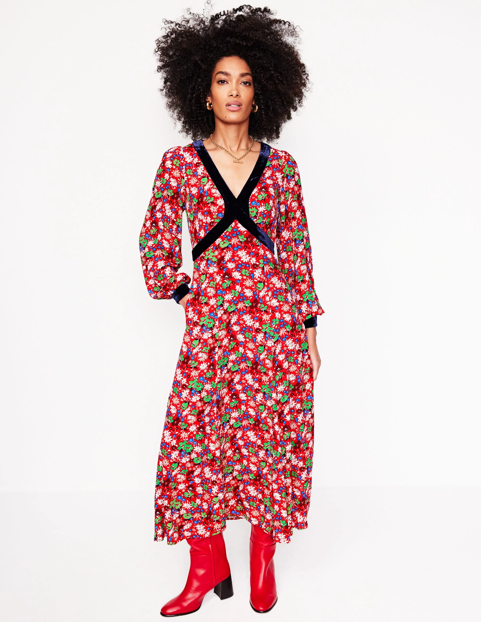 Velvet Trim Maxi Tea Dress-Bright Ruby, Floral Burst - Image 4