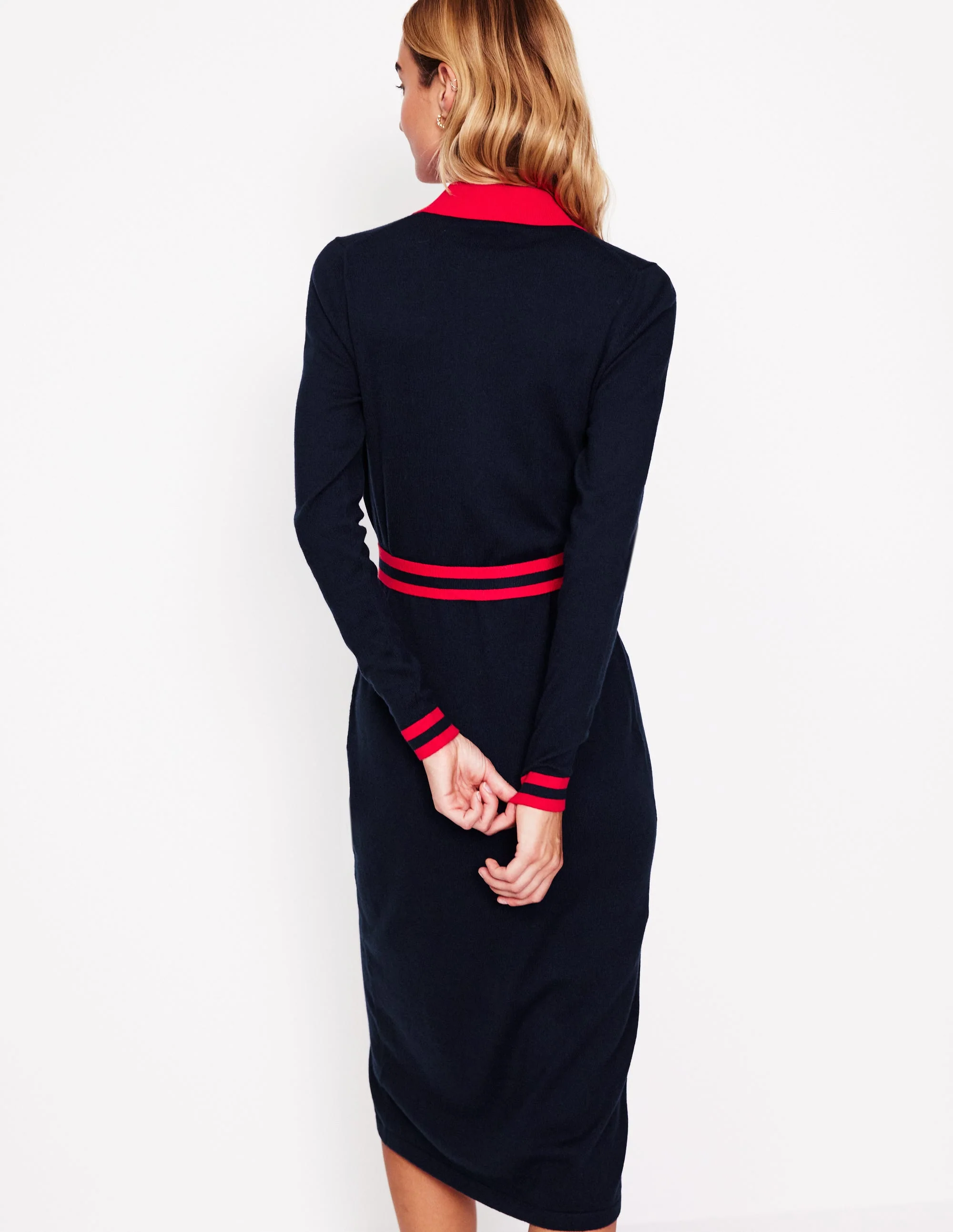 Victoria Knitted Shirt Dress-Navy and Rouge - Image 3
