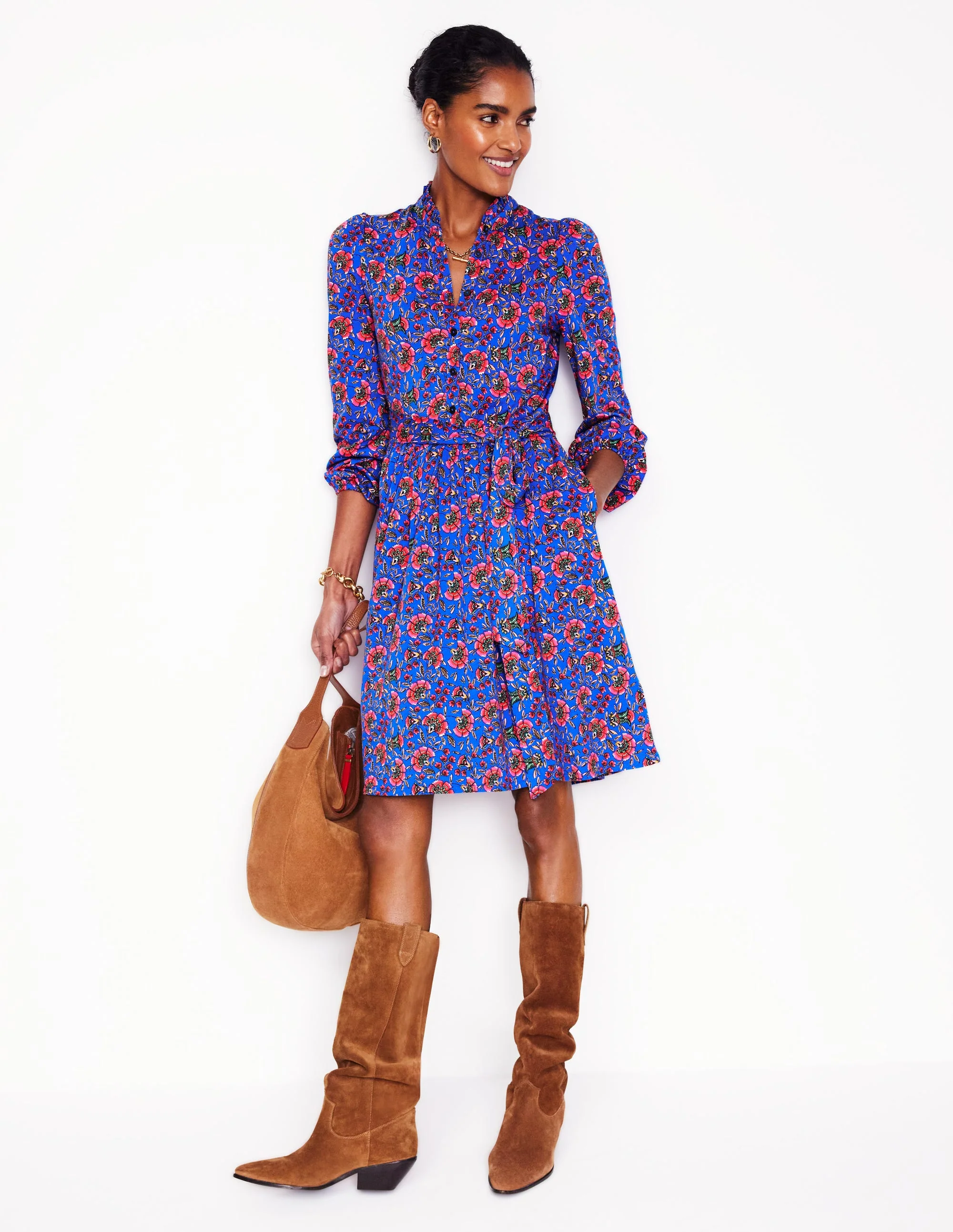 Willow Ruffle Neck Shirt Dress-Gallery Blue, Decorative Vine