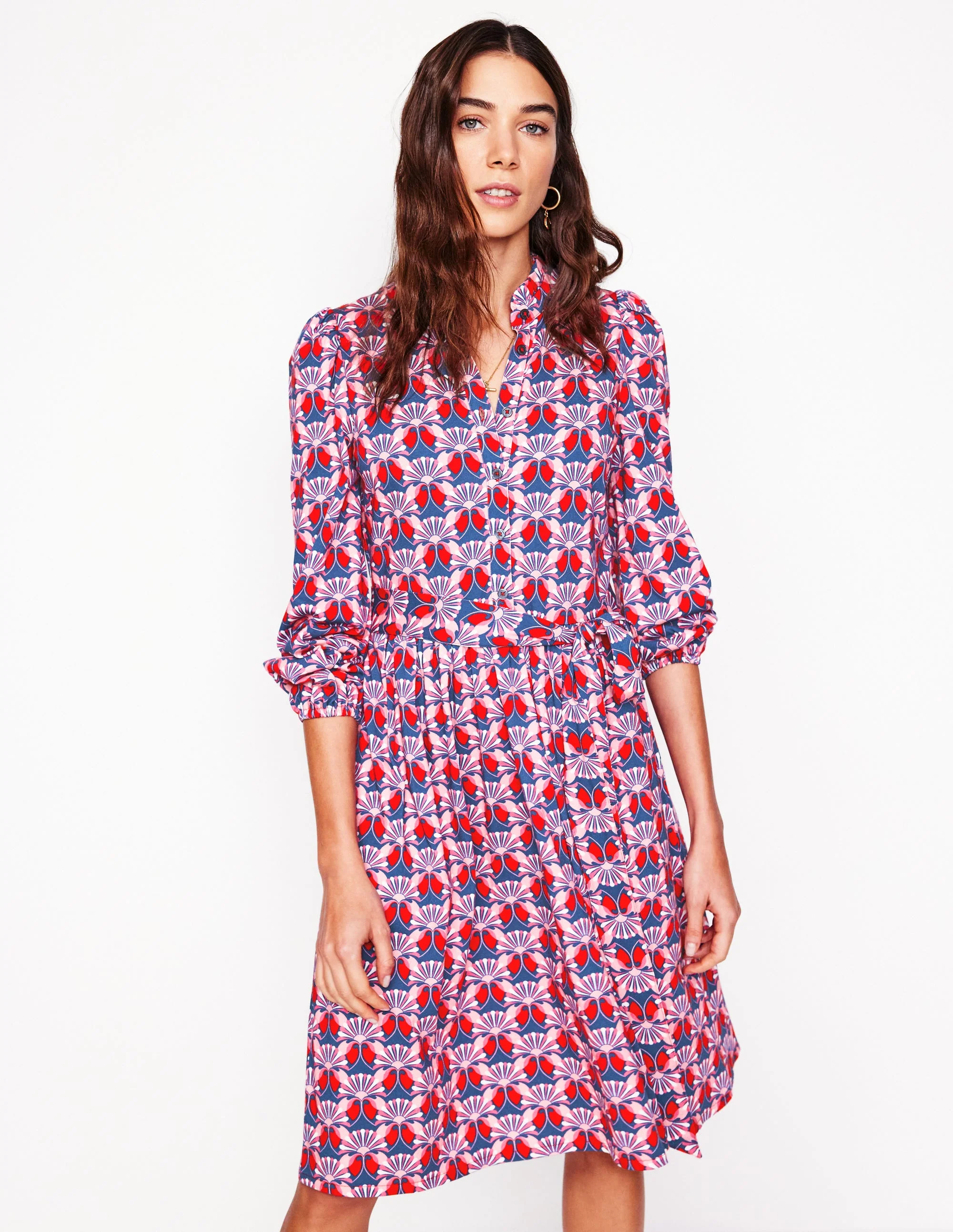 Willow Ruffle Neck Shirt Dress-Poppy Red, Daisy Bloom Geo - Image 2