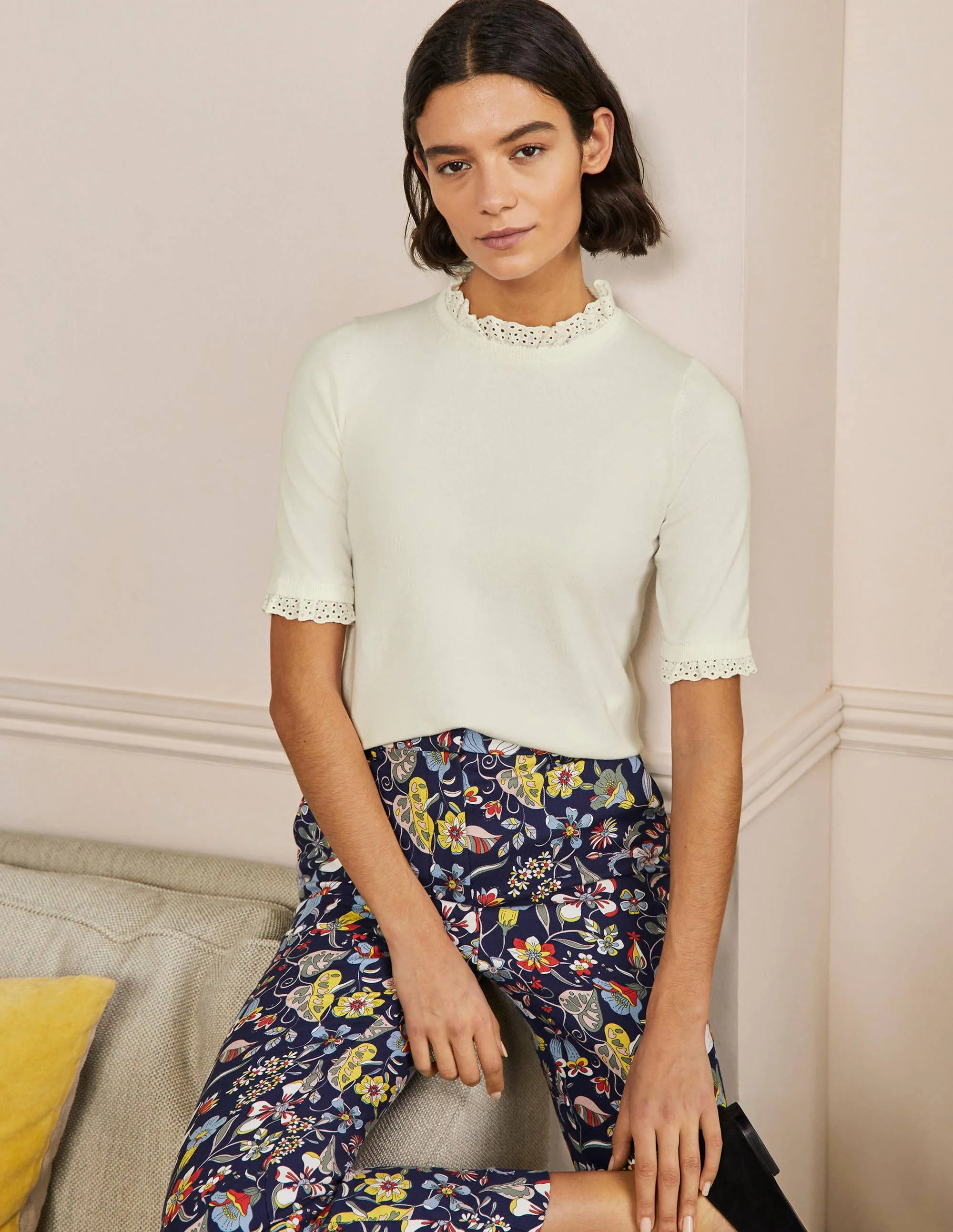 Woven Mix Knitted T-Shirt-Ivory